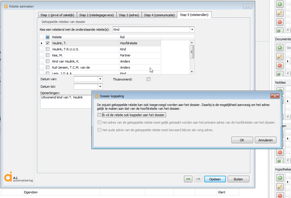 relatiekoppeling toevoegen niet in dossier
