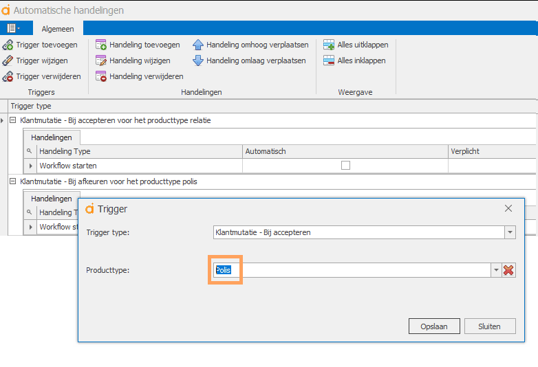 automatische handeling klantmutaties producttype polis