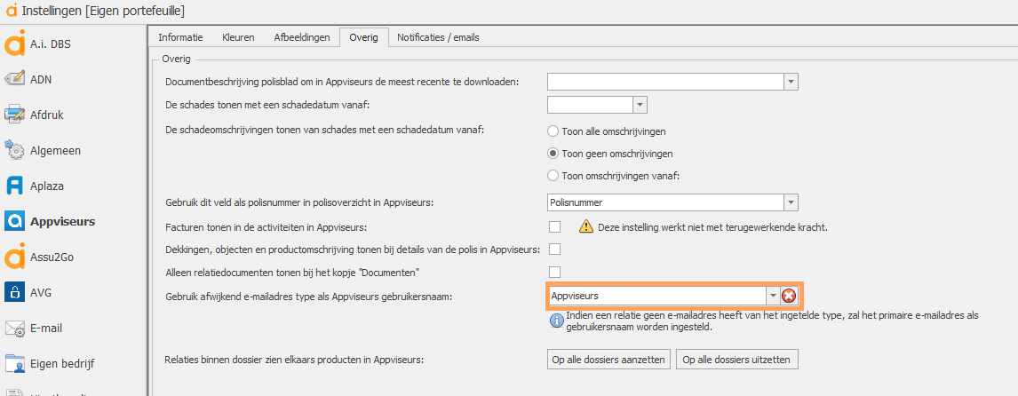 Appviseurs instellingen emailadres type