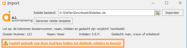 relatie import knop in lint waarschuwing