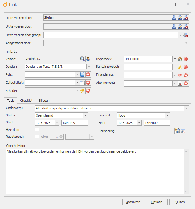 automatische taak na completeren HDN checklijst