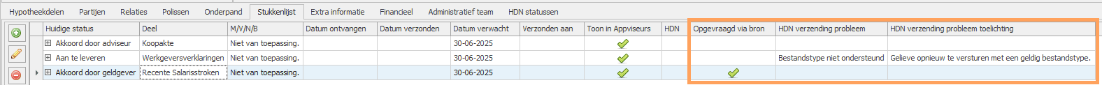HDN stukkenlijst HDN2 standaard