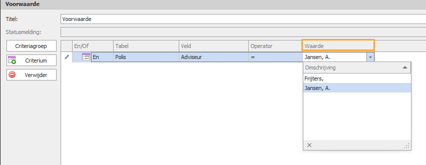 adviseur naam in workflow voorwaarde